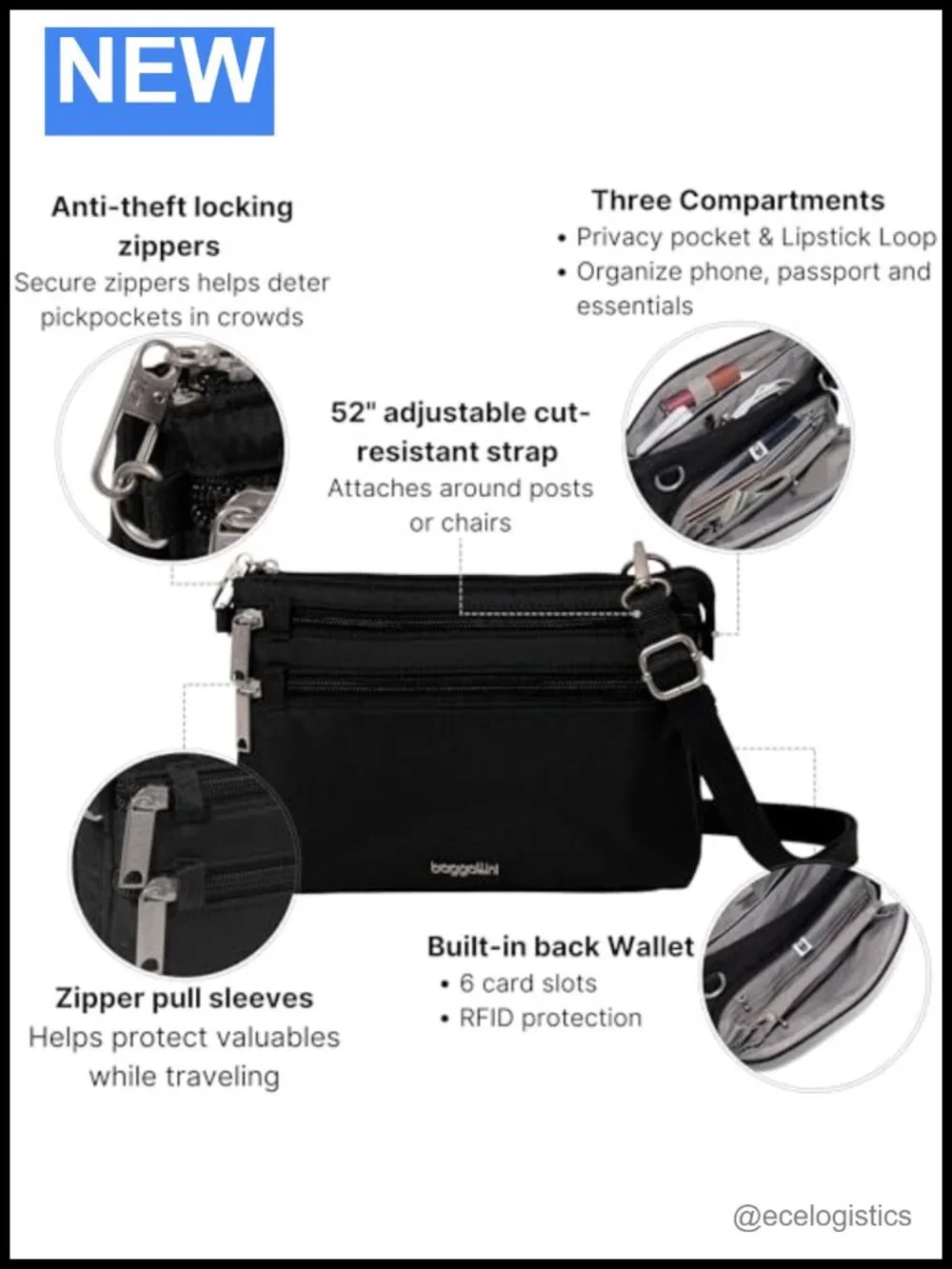 Anti-Theft Crossbody Travel Bag with Locking Zippers RFID